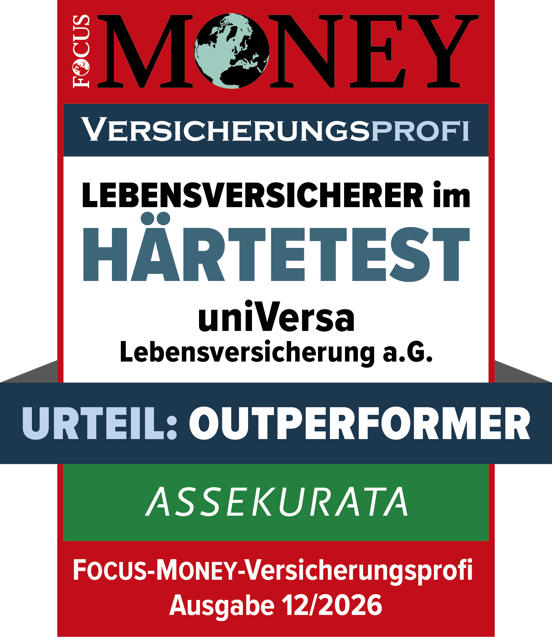 Siegel Lebensversicherer im Härtetest von FOCUS-MONEY für die universa Lebensversicherungen mit dem Ergebnis 'Outperformer'