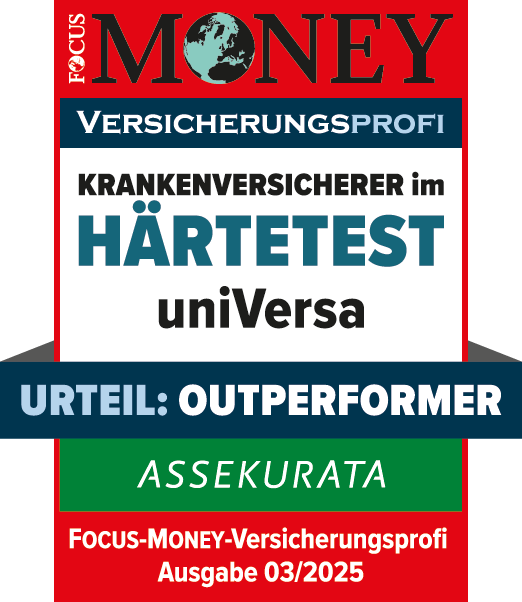 Siegel Krankenversicherer im Härtetest von FOCUS-MONEY für die uniVersa mit dem Ergebnis Outperformer