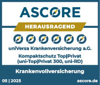 Qualitätssiegel von Ascore für universa Krankenvollversicherung Kompaktschutz Top Privat 300. Ausgezeichnet mit herausragend