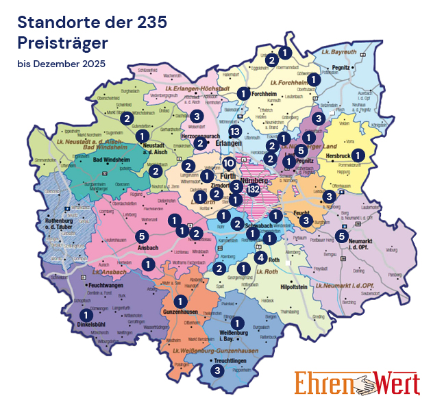Mappe der Metropolregion mit dem Standorte der 235 Preisträger der Aktion EhrenWert