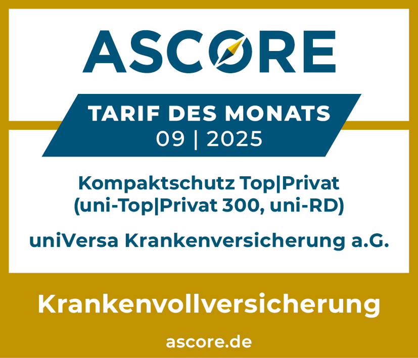 Qualitätssiegel von Ascore für universa Krankenvollversicherung Kompaktschutz Top Privat 300. Ausgezeichnet mit herausragend