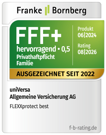 Siegel für FLEXXprotect best Haftpflicht der universa von Franke Bornberg. Seit 2022 ausgezeichnet mit hervorragend